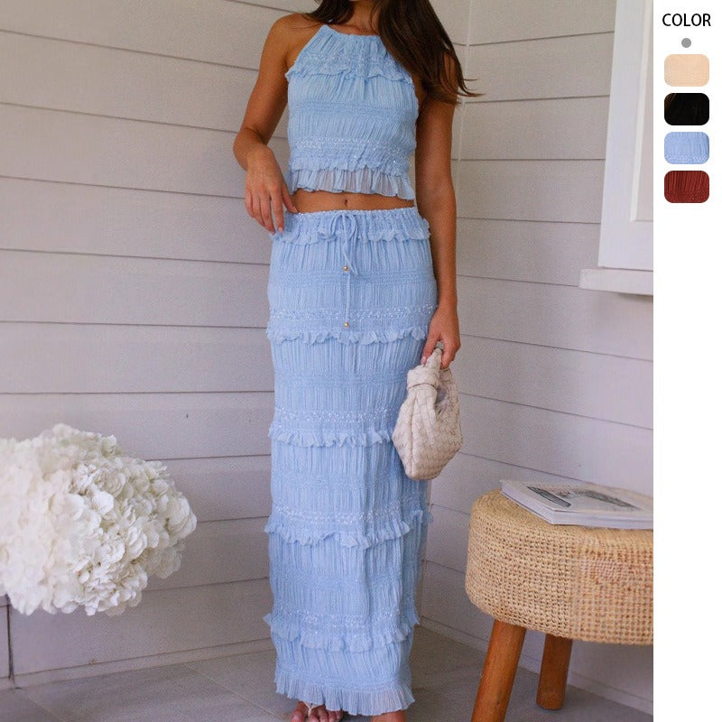 Women's sleeveless chiffon two-piece set: european & american style, spring/summer, elastic waist, loose fit, ins-inspired vacation dress set