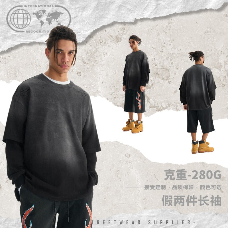 Etai men's fashion trendy heavyweight faux two-piece long sleeve t-shirt for men - premium quality pure cotton washed vintage double yarn tee