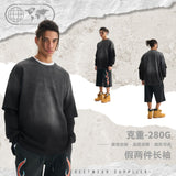 Etai men's fashion trendy heavyweight faux two-piece long sleeve t-shirt for men - premium quality pure cotton washed vintage double yarn tee