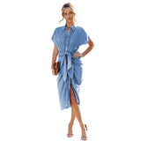 Women's dress european and american cross-border mid-length skirt shirt collar slit pleated silm washed denim dress