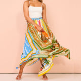 Women's dress - spring/summer long printed a-line midi skirt with asymmetrical hem and cinched waist - stylish and elegant