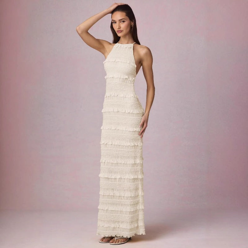 Women's dress - cross-border summer fashion: european & american style, amazon hot seller, sexy ruffle trim, backless halter neck, tie-up maxi dress