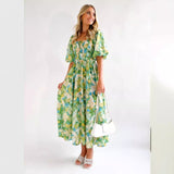 Women's dress - hot selling european & american style dress for amazon - summer elegant square neck printed puff sleeve maxi dress