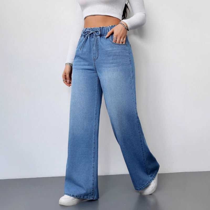 Women's washed solid color high-waisted wide-leg pants - elastic waist, loose fit, slimming, long jeans for women (cross-border e-commerce)