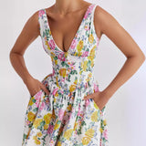 Women's dress - summer export, elegant v-neck, cinched waist, sleeveless, floral print, vacation dress, midi length