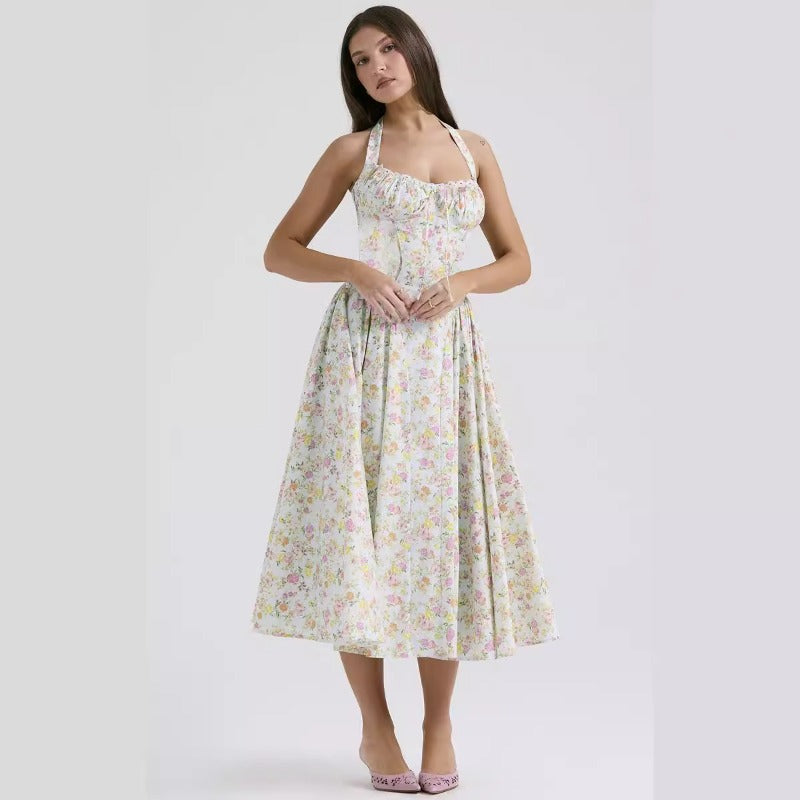 Women's summer slim-fit camisole maxi dress - european & american style fashion print halter neck lace trim dress