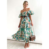 Women's summer dress: european and american style, puff sleeve, slimming maxi dress, hot girl high-waisted off-the-shoulder printed dress