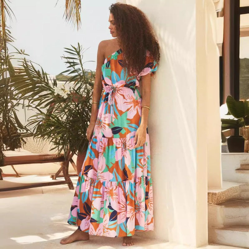 Women's dress - cross-border european & american fashion - amazon spring/summer one-shoulder resort style floral high-end dress - women's skirt