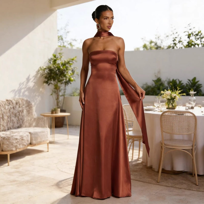 Women's dress - european & american style, sexy, slimming, backless, amazon-inspired bandeau, cinched waist, long formal gown