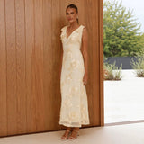 Women's dress: european and american summer 3d embroidered backless crisscross tie-up maxi dress - exquisite floral embroidery banquet gown