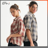 Etai men's clothing trendy color block short plaid short sleeve shirt - high quality spring/summer style - couple's boxy shirt