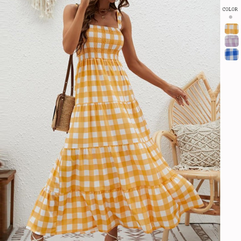 Women's dress - in-house photography, fashionable striped cami dress with cinched waist and flowy bohemian hem - wholesale women's apparel