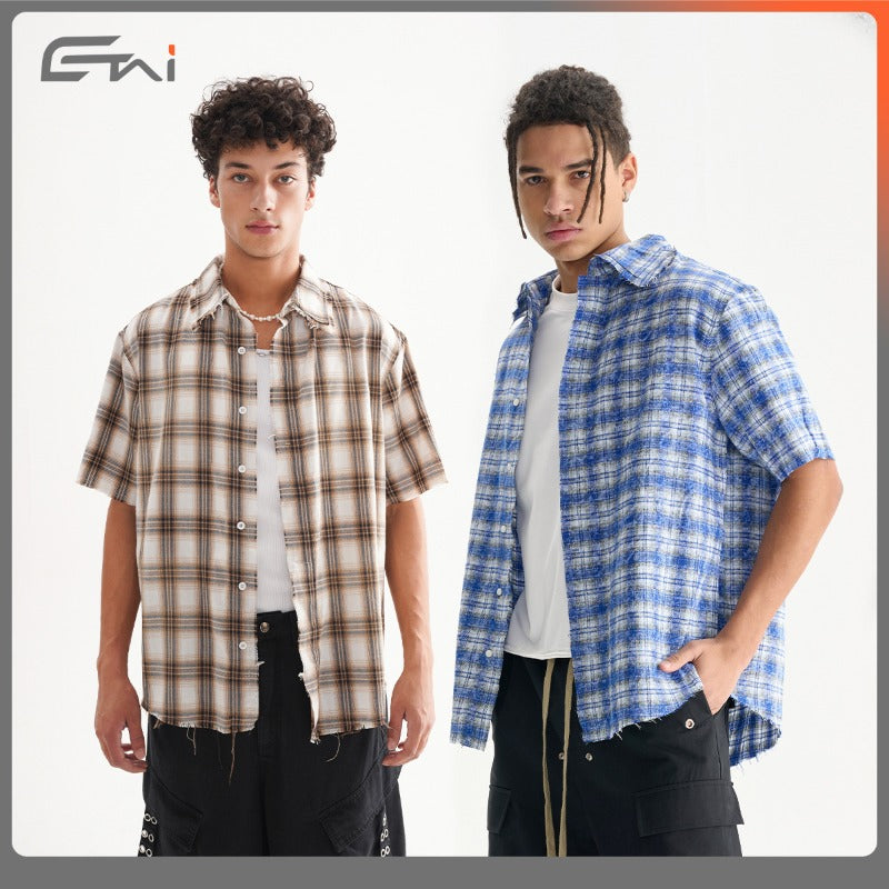 Etai men's fashion trendy distressed vintage style frayed hem plaid shirt - popular summer loose fit short sleeve shirt for men