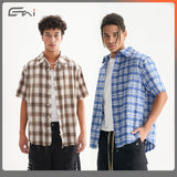 Etai men's fashion trendy distressed vintage style frayed hem plaid shirt - popular summer loose fit short sleeve shirt for men