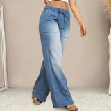 Women's denim pants - cross-border autumn fashion: european & american style, drawstring elastic waist, straight leg, wide leg jeans