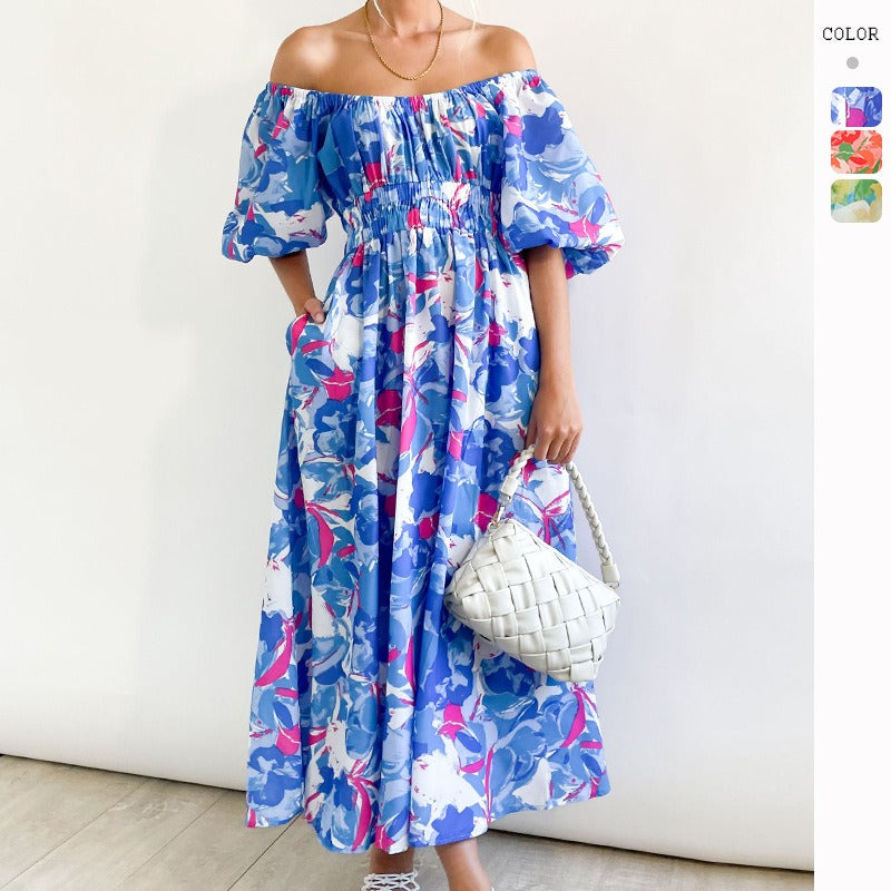 Women's dress - hot selling european & american style dress for amazon - summer elegant square neck printed puff sleeve maxi dress