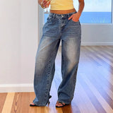 Women's vintage washed heart-pocket wide-leg jeans - trendy, loose-fit, hot girl style denim pants for women (cross-border e-commerce)