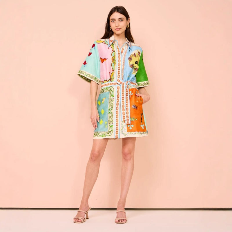 Women's dress - cross-border spring/summer collection - amazon us/eu premium printed holiday dress - notch collar, cinched waist, short sleeve