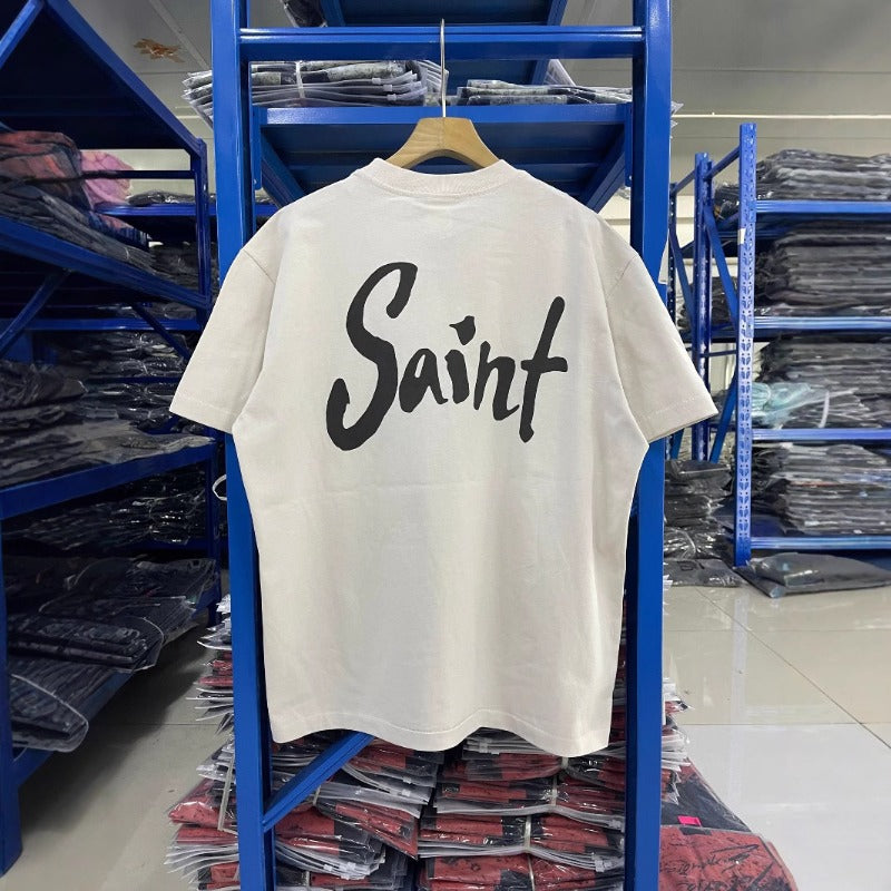 saint m t shirts  s.m landscape letter graphic crew neck pullover short sleeve top - wholesale