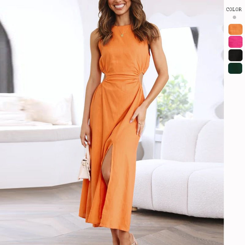 Women's dress - european & american cross-border e-commerce dress - sexy round neck solid color elegant bodycon slit dress - sexy style