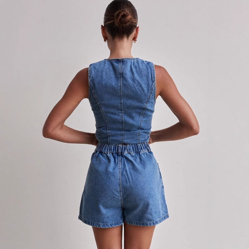 Women's pants: spring/summer amazon independent store fashion sleeveless cinched waist high-waisted loose denim shorts set (us/eu style)