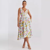 Women's dress - summer export, elegant v-neck, cinched waist, sleeveless, floral print, vacation dress, midi length