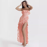 Women's dress - cross-border fashion: european & american summer sexy ruffle bandeau slit sleeveless off-shoulder evening gown dress