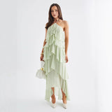 Women's french riviera style beach dress - summer sleeveless halter sundress with ruffle trim