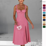 Women's dress - european & american amazon spring/summer fashion casual tie-waist slim-fit slit cami high-end dress