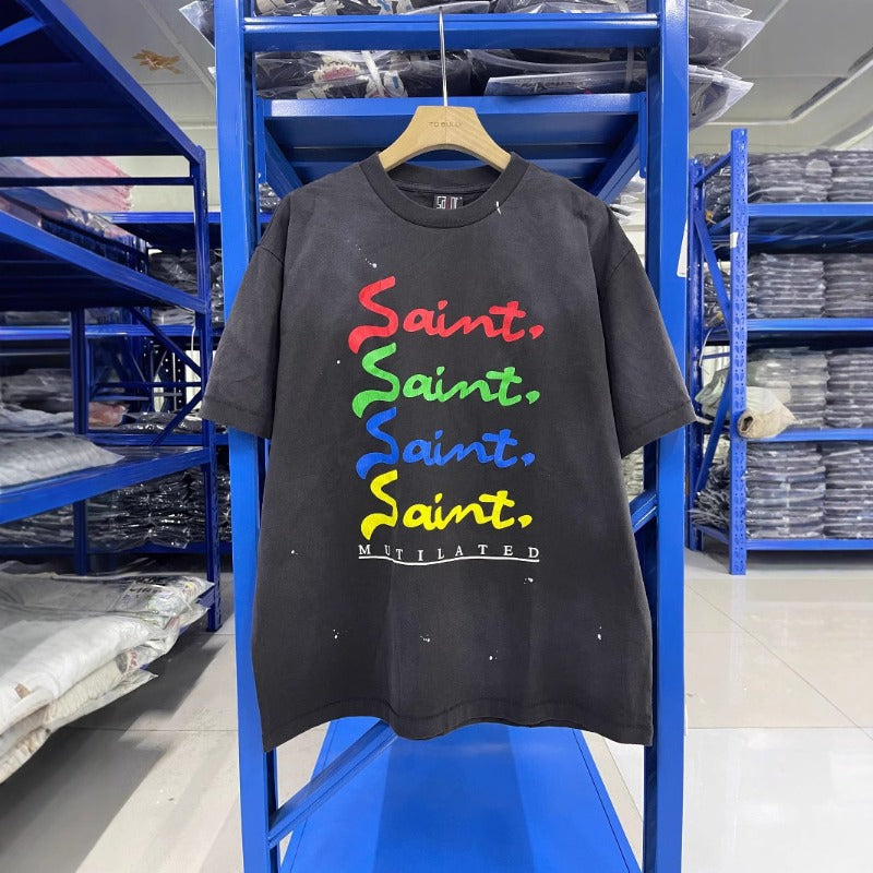 saint m t shirts  s.m colorful letter graphic crew neck pullover short sleeve top - wholesale