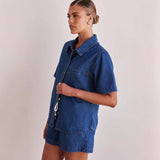 Women's european and american style summer cross-border trade washed vintage solid color short sleeve shirt and shorts denim set