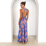Women's dress - cross-border fashion: printed halter neck beach bohemian high-waisted backless floral dress