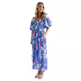 Women's dress - hot selling european & american style dress for amazon - summer elegant square neck printed puff sleeve maxi dress