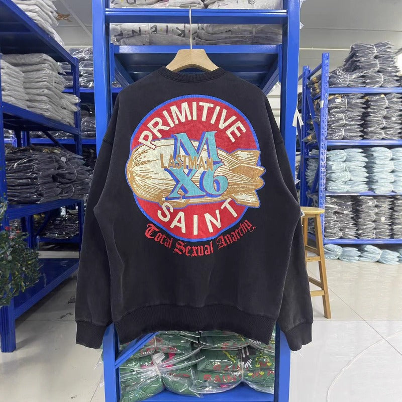 Saint m hoodie - spring/autumn s.m. crewneck sweatshirt with round graphic, letter print, ribbed trim, and distressed finish