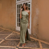 Women's dress - cross-border amazon single shoulder shirred slit sexy short sleeve satin dress - european and american summer elegant maxi dress
