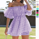 Women's dress: hot-selling european and american style amazon summer sexy high-waisted off-the-shoulder fashion short dress for women