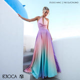 Women's dress - european & american style, a-line, cinched waist, gradient dress, amazon sexy deep v gown, long dress for women