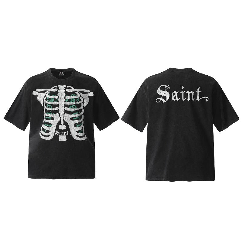 saint m t shirts  s.m vintage skeleton print crew neck pullover short sleeve top - wholesale