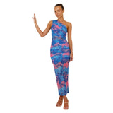 Women's dress - cross-border e-commerce, american style color block cami dress, slim fit, printed, one-shoulder sleeveless pullover dress for women