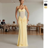 Women's dress - amazon cross-border halter neck tie mesh panel flowy maxi dress - european & american style