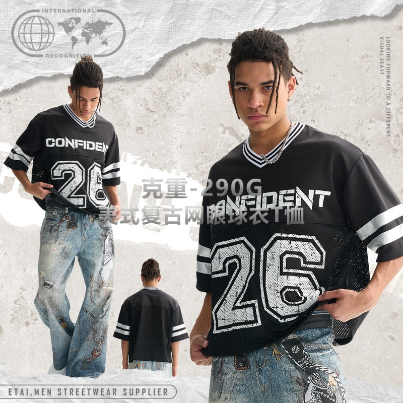 Etai men's clothing short and wide american retro mesh basketball jersey t-shirt high quality fashionable brand contrast color men's short sleeve men's t