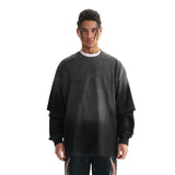 Etai men's fashion trendy heavyweight faux two-piece long sleeve t-shirt for men - premium quality pure cotton washed vintage double yarn tee