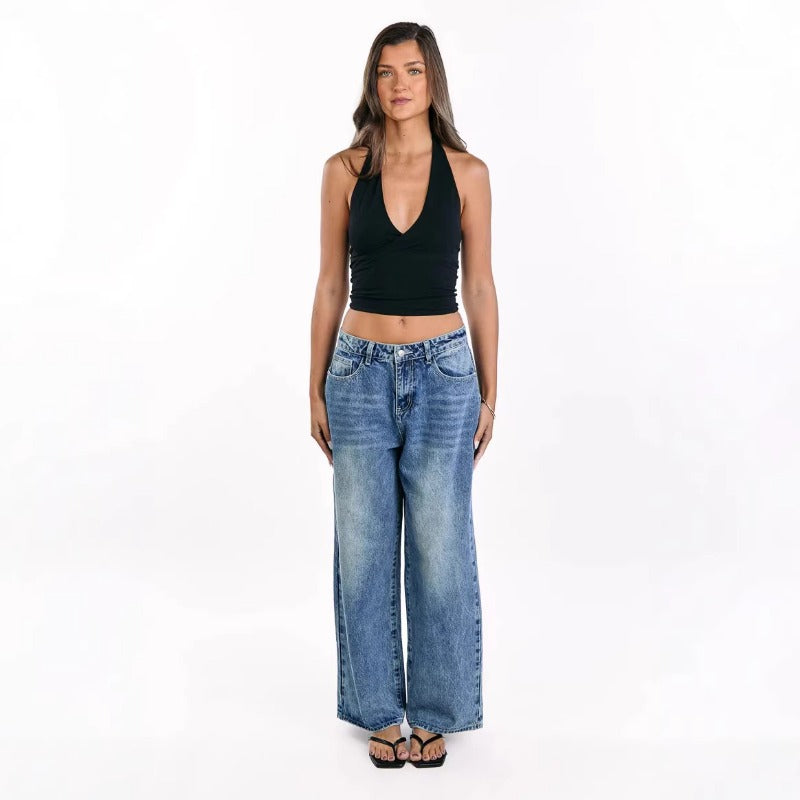 Women's vintage washed heart-pocket wide-leg jeans - trendy, loose-fit, hot girl style denim pants for women (cross-border e-commerce)