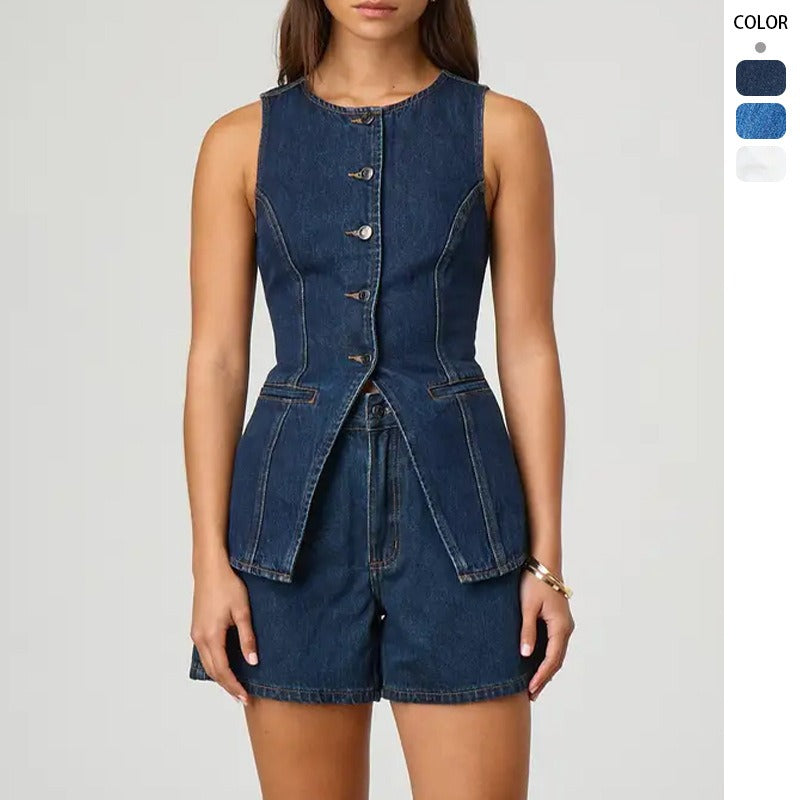 Women's pants: spring/summer amazon independent store fashion sleeveless cinched waist high-waisted loose denim shorts set (us/eu style)