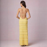 Women's dress - cross-border summer fashion: european & american style, amazon hot seller, sexy ruffle trim, backless halter neck, tie-up maxi dress