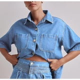 Women's pants: summer amazon cross-border european and american style casual retro loose shirt & denim shorts set - denim women's