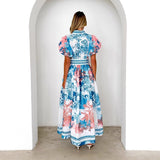 Women's dress - cross-border ready stock - amazon summer fashion casual tie-waist printed maxi dress
