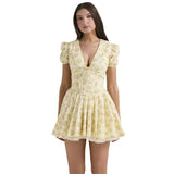 Women's french sweet floral print bubble sleeve dress - summer ballet dopamine outfit - cinched waist spicy girl a-line skirt