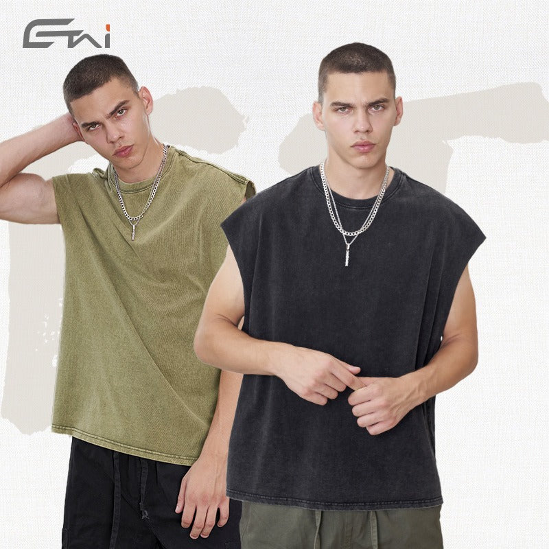 Etai men's clothing american retro loose sleeveless trendy brand t-shirt spring/summer new arrival washed pure cotton frayed hem tank top for men