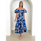 Women's summer dress: european and american style, puff sleeve, slimming maxi dress, hot girl high-waisted off-the-shoulder printed dress